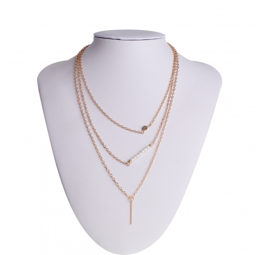 3pcs Layered Necklace Pearl Stick Rose Gold  Pendant Girls Women Fashion Jewelry Set