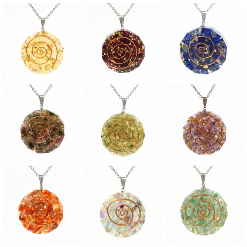Handmade Chip Stone Round Coin Pendant Necklace for Women Men Gemstone & Crystal Column Pendants Jewelry SN0863