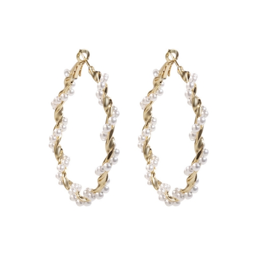Pearl metal ring earrings with large hoop and no piercings for women's studs