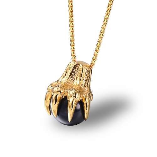 Retro men's titanium steel necklace with five claw inlaid titanium steel pendant necklace with play beads