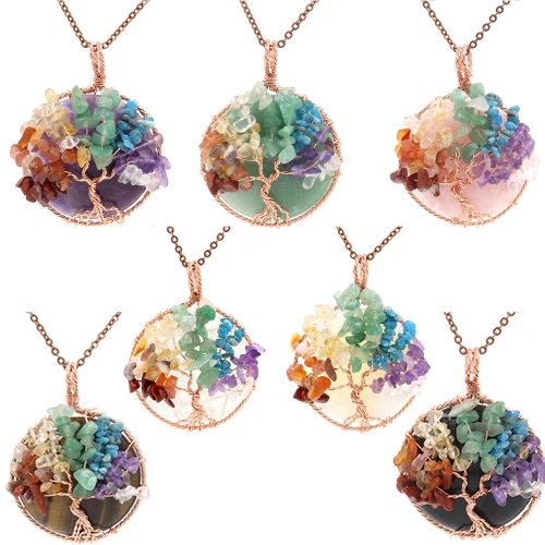 Tree of Life wrapped in natural gem healing crystal round pendant, seven chakra energy healing handmade silk necklace