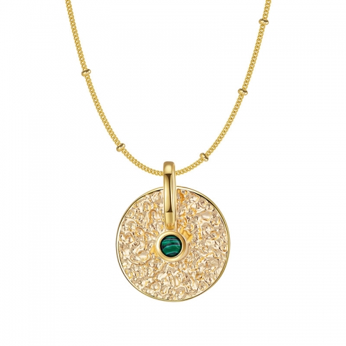 Gold Metal Round Disc Pendant Necklace for Women Girls Natural Malachite Coin Choker Jewelry