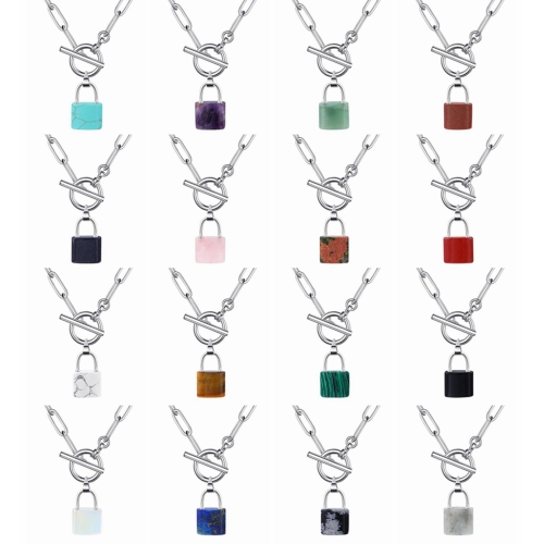 Natural Gemstone Lock Pendant Necklace with IQ Clalsp Chunky Punk Chain Choker Cuban Link  Statement Jewelry for Women and Girls
