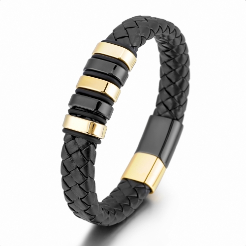 Genuine Leather Bracelet For Men Braided Cuff Wristband Stainless Steel Magnetic Clasp In Black And Gold Jewellery Gift