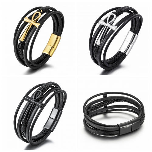 2022 New Hot Sale Multi-layer Hand-woven Cowhide Rope Stainless Steel Cross Bracelet Men's Magnetic Buckle Bracelet