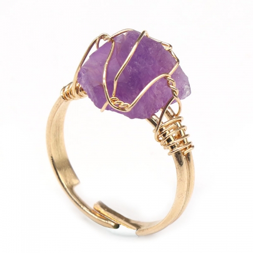 Gold Healing Crystal Ring In Box Handmade Vintage Wire Wrapped Druzy Quartz Raw Irregular Gemstone Adjustalble Mother Birthday Father Day for Women Gi