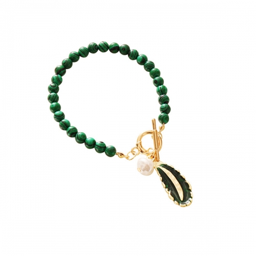 Women's Malachite Short Necklace Pearl Monolayer Clavicular Chain Brief Leaves & Pearls Dripping Oil Necklaces