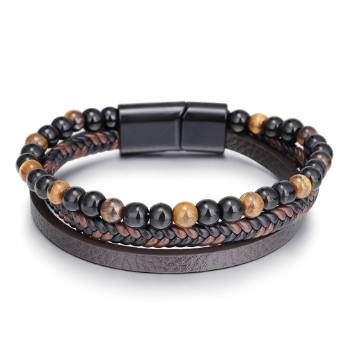 Natural Lava stone tiger eye stone men's alloy magnet buckle bracelet Beaded simple hand woven leather rope bracelet