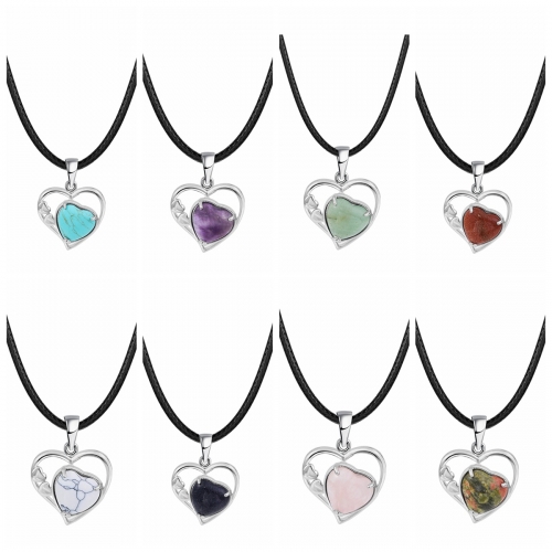 Fashion Crystal Pendant Necklace Zircon Stone Hollow Heart Stone Pendants Charms Women Jewelry Gift with Black Rope