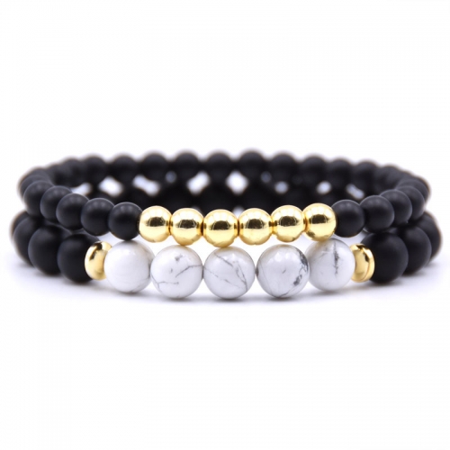 2PCS Black Matte Onyx Prayer Beads Bracelet for Men Women Elastic Natural Stone Golden Hematite Couple Friendship Bangle Jewelry