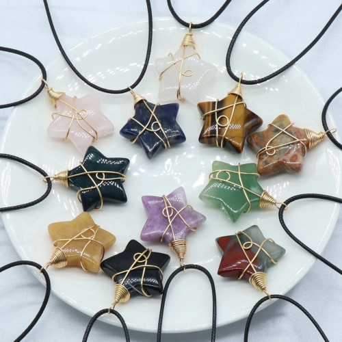 Wholesale Copper Wire Wrapped Gemstone Healing Chakra Teardrop Pentagram Star Tiger Eye Pendant Necklaces
