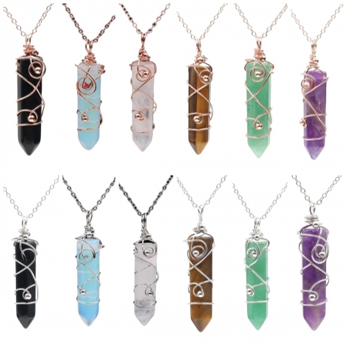 1 Pc Hexagonal Pointed Crystal Energy Stone Pendant Necklace Wire Wrapped Healing Crystal Necklace Reiki Chakra Gemstone Jewelry for Men Women